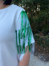 Load image into Gallery viewer, IKT85400-03 White and Green Fringe Sleeve Top