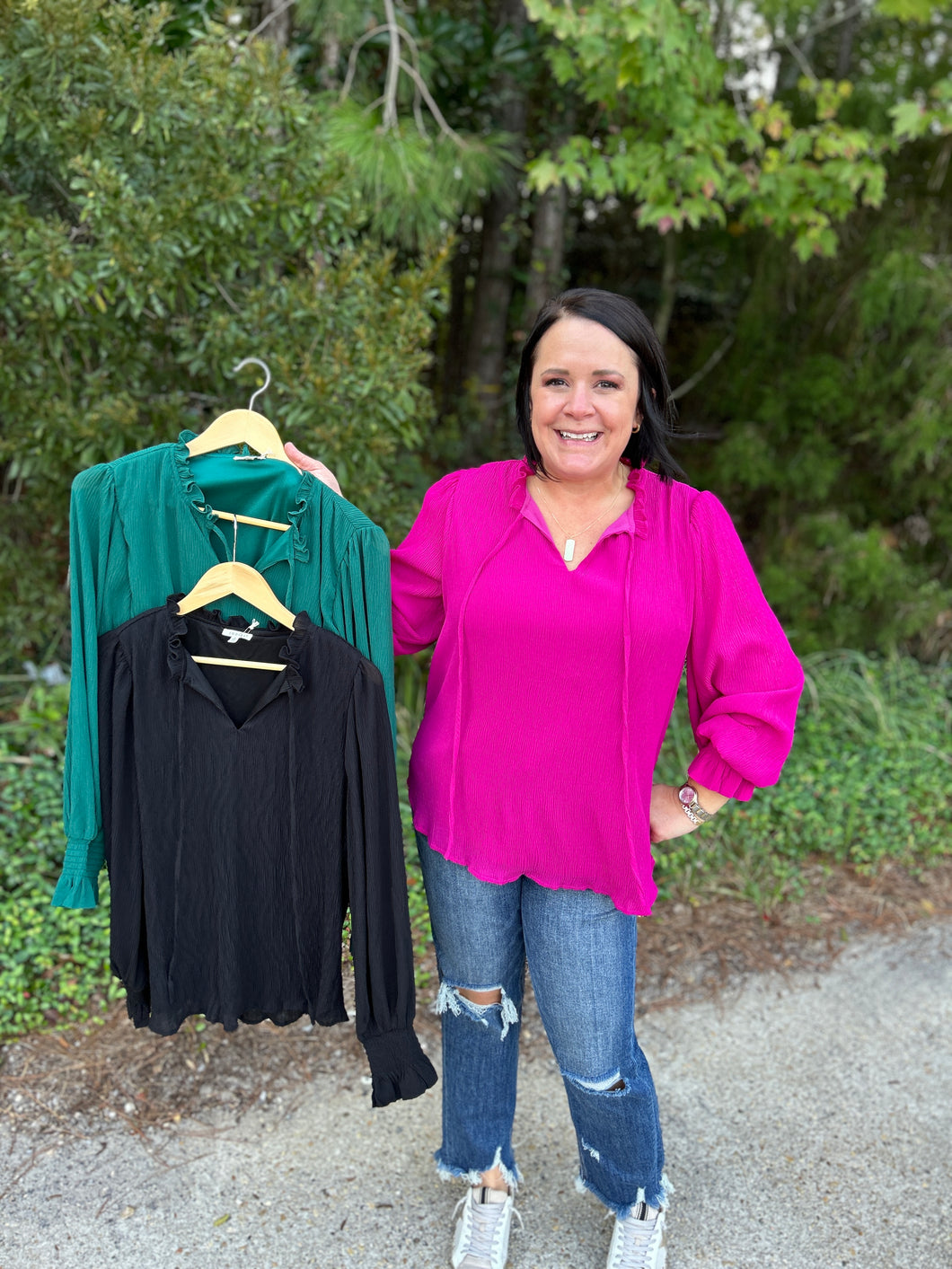 B21154 Textured Frill Self-Tie Neck Top