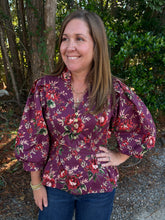 Load image into Gallery viewer, Floral print ¾ puff sleeve top with V-neck