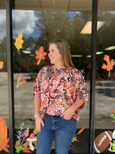 Load image into Gallery viewer, T21872 Printed short sleeve round neck top featuring elasticized sleeves.