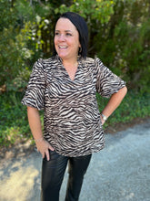 Load image into Gallery viewer, T21870 Animal print bubble sleeve v-neck top featuring swiss dot detail