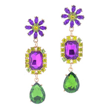 Load image into Gallery viewer, CRYSTAL FLOWER POST &amp; PURPLE CRYSTAL WITH YELLOW &amp; LIME EDGE &amp; GREEN TEARDROP CRYSTAL EARRINGS