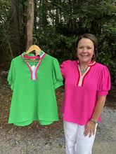 Load image into Gallery viewer, Short puff sleeves solid top with color contrast accent