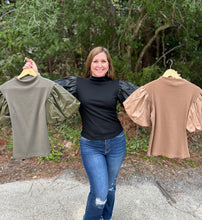Load image into Gallery viewer, T21581 Waffle knit short sleeve mock neck top featuring contrast leather puff sleeves