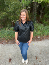 Load image into Gallery viewer, T21931 Faux leather collared short sleeve top featuring puff sleeve. Button-down closure.