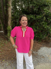 Load image into Gallery viewer, Short puff sleeves solid top with color contrast accent