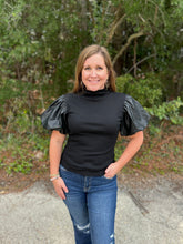 Load image into Gallery viewer, T21581 Waffle knit short sleeve mock neck top featuring contrast leather puff sleeves