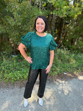 Load image into Gallery viewer, T21148 Sequin short sleeve round neck top featuring ruching at sleeves
