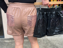 Load image into Gallery viewer, P22001  Faux leather and sequin mixed high-waisted shorts