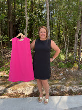 Load image into Gallery viewer, Solid sleeveless pullover mini shift dress featuring gold accented buttons