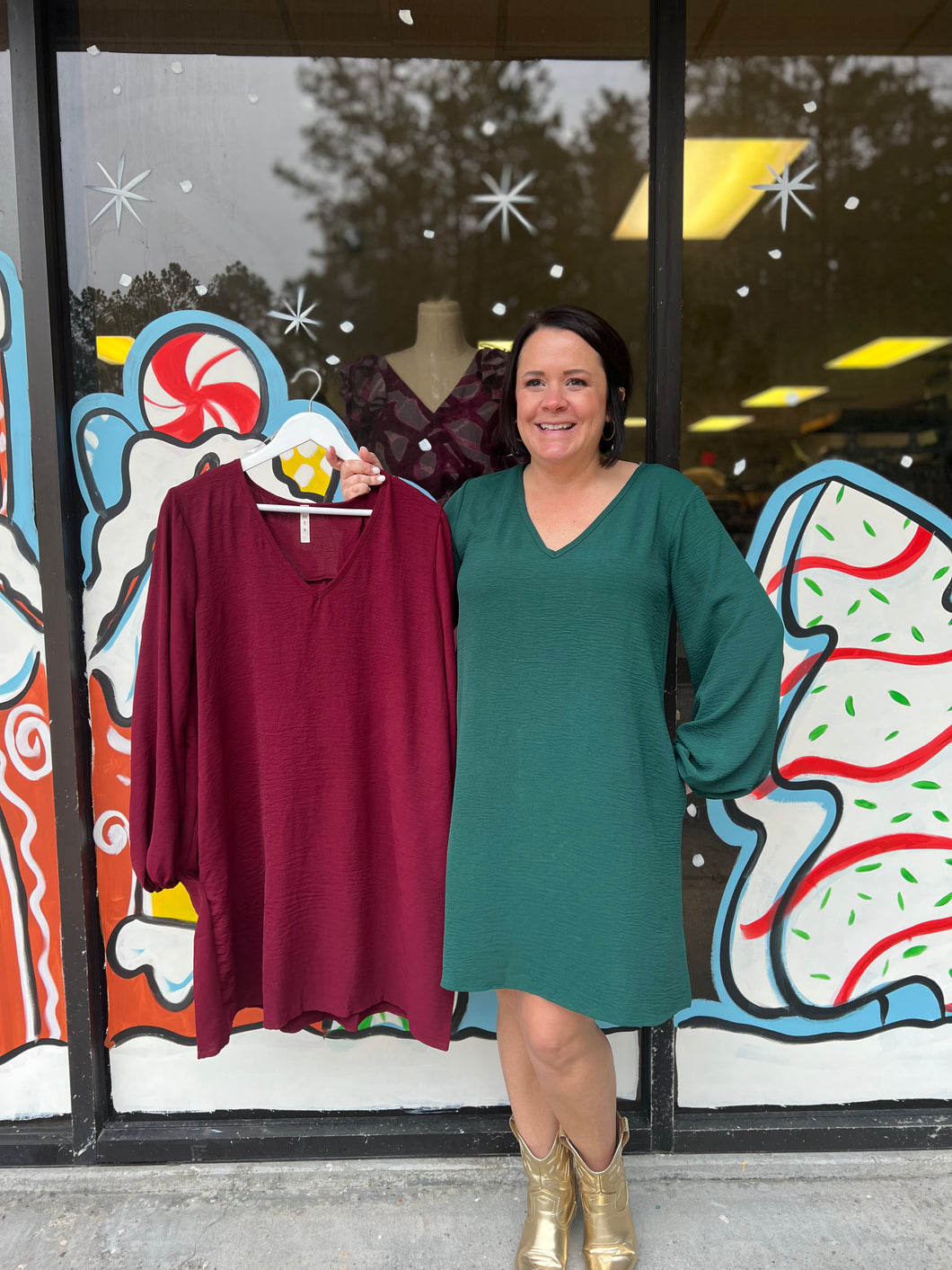 D1847 Airflow v neck balloon long sleeve dress