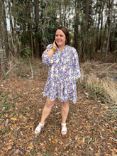 Load image into Gallery viewer, D22523 Floral print v-neck long sleeve mini dress featuring smocking detail