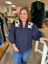 Load image into Gallery viewer, T24791 Solid 3/4 sleeve v neck top featuring crochet lace detail.
