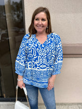 Load image into Gallery viewer, T22307 Paisley print v-neck 3/4 sleeve top featuring self-tie detail at neck.