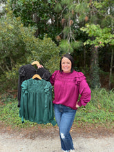Load image into Gallery viewer, T21571 Solid long sleeve top featuring ruffle detail at shoulders. Smocking at wrists.