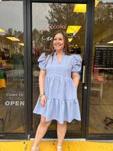 Load image into Gallery viewer, D21046 Solid v-neck puff sleeve mini dress featuring ruching at sleeves