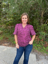 Load image into Gallery viewer, T21870 Animal print bubble sleeve v-neck top featuring swiss dot detail