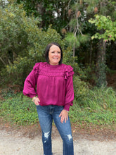 Load image into Gallery viewer, T21571 Solid long sleeve top featuring ruffle detail at shoulders. Smocking at wrists.