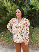 Load image into Gallery viewer, T19127 Print v-neck long sleeve top featuring ruffle trim at neckline