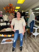 Load image into Gallery viewer, T21931 Faux leather collared short sleeve top featuring puff sleeve. Button-down closure.