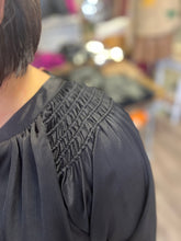 Load image into Gallery viewer, T21716 Solid satin long sleeve v-neck top featuring smocking detail at shoulders.