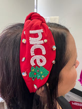 Load image into Gallery viewer, Naughty or Nice Seed Beads on Red Fabric Headband