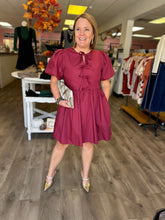 Load image into Gallery viewer, D24288 Solid bubble sleeve mini dress featuring ribbon detail