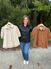 Load image into Gallery viewer, T21931 Faux leather collared short sleeve top featuring puff sleeve. Button-down closure.