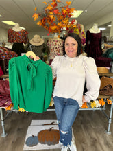 Load image into Gallery viewer, H19535 Solid Tucked Sleeves Top with Ribbon-tie