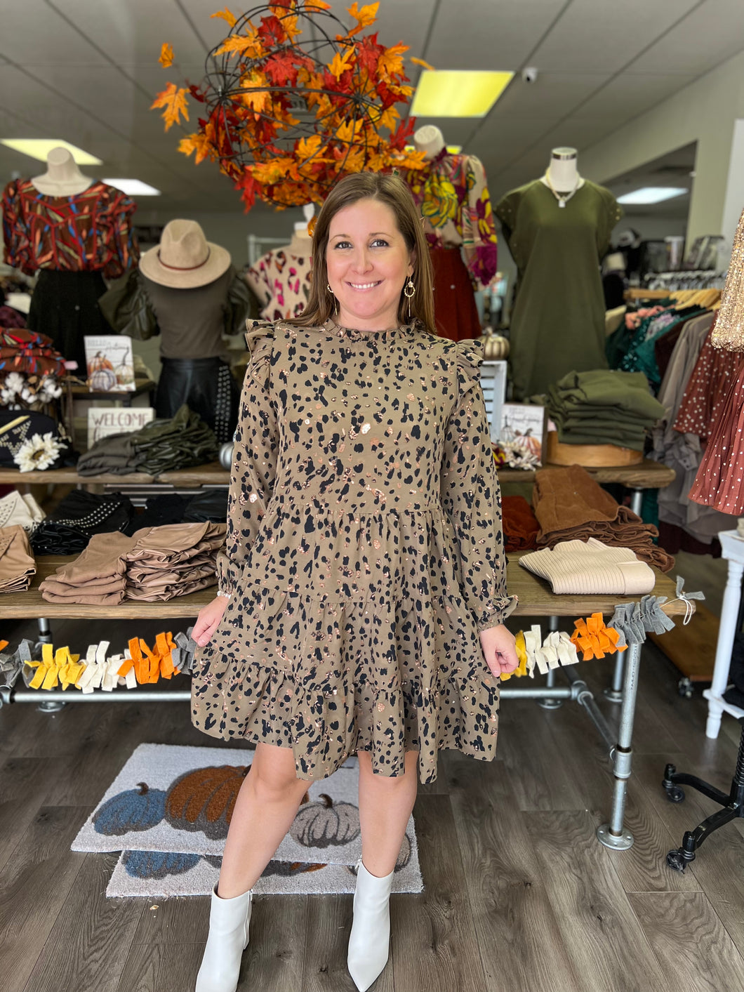 SY5807 LONG RUFFLE SLEEVE ANIMAL PRINT WOVEN DRESS