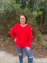Load image into Gallery viewer, VT81876 Dolman sleeve and rhinestone bow detail sweater