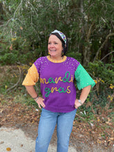 Load image into Gallery viewer, Mardi Gras Tinsel Metallic Lettering color block pearl sweater