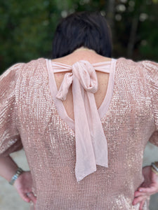 T21489 Solid sequin puff short sleeve top featuring tied detail at back.