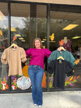 Load image into Gallery viewer, T21801 Solid half bubble sleeve top featuring elastic at arm. Unlined. Knit.