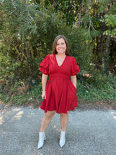 Load image into Gallery viewer, D21914 Solid v-neck short sleeve mini dress featuring tiered puff detail at sleeve.