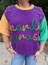 Load image into Gallery viewer, Mardi Gras Tinsel Metallic Lettering color block pearl sweater