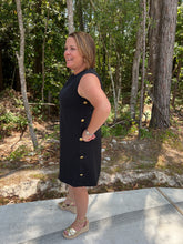 Load image into Gallery viewer, Solid sleeveless pullover mini shift dress featuring gold accented buttons