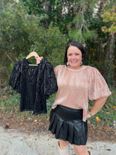 Load image into Gallery viewer, T21489 Solid sequin puff short sleeve top featuring tied detail at back.