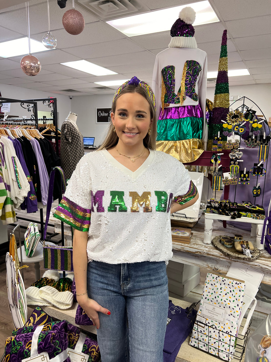 Mardi Gras Mambo Sequin V Neck Top