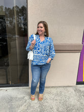 Load image into Gallery viewer, T22307 Paisley print v-neck 3/4 sleeve top featuring self-tie detail at neck.