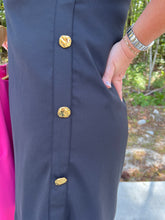 Load image into Gallery viewer, Solid sleeveless pullover mini shift dress featuring gold accented buttons