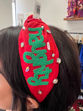Load image into Gallery viewer, Naughty or Nice Seed Beads on Red Fabric Headband