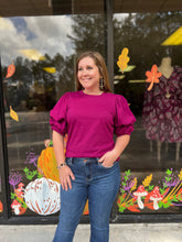 Load image into Gallery viewer, T21801 Solid half bubble sleeve top featuring elastic at arm. Unlined. Knit.