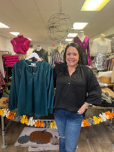 Load image into Gallery viewer, T21716 Solid satin long sleeve v-neck top featuring smocking detail at shoulders.