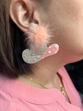 Load image into Gallery viewer, Pink Acrylic Cowboy Hat with Pom Pom Earrings