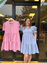 Load image into Gallery viewer, D21046 Solid v-neck puff sleeve mini dress featuring ruching at sleeves