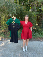 Load image into Gallery viewer, D21914 Solid v-neck short sleeve mini dress featuring tiered puff detail at sleeve.