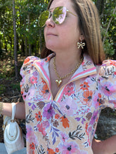 Load image into Gallery viewer, Floral Print High Neck Dress with Stripe band trim