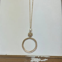 Load image into Gallery viewer, Worn Gold Open Circle with Pearl Drop Long Necklace