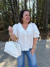 Load image into Gallery viewer, Short puff sleeves button down stripe top